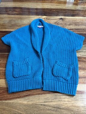 Ruffle Butts Teal Blue Chunky Knit Short Sleeve Cardigan Sweater 4T/5